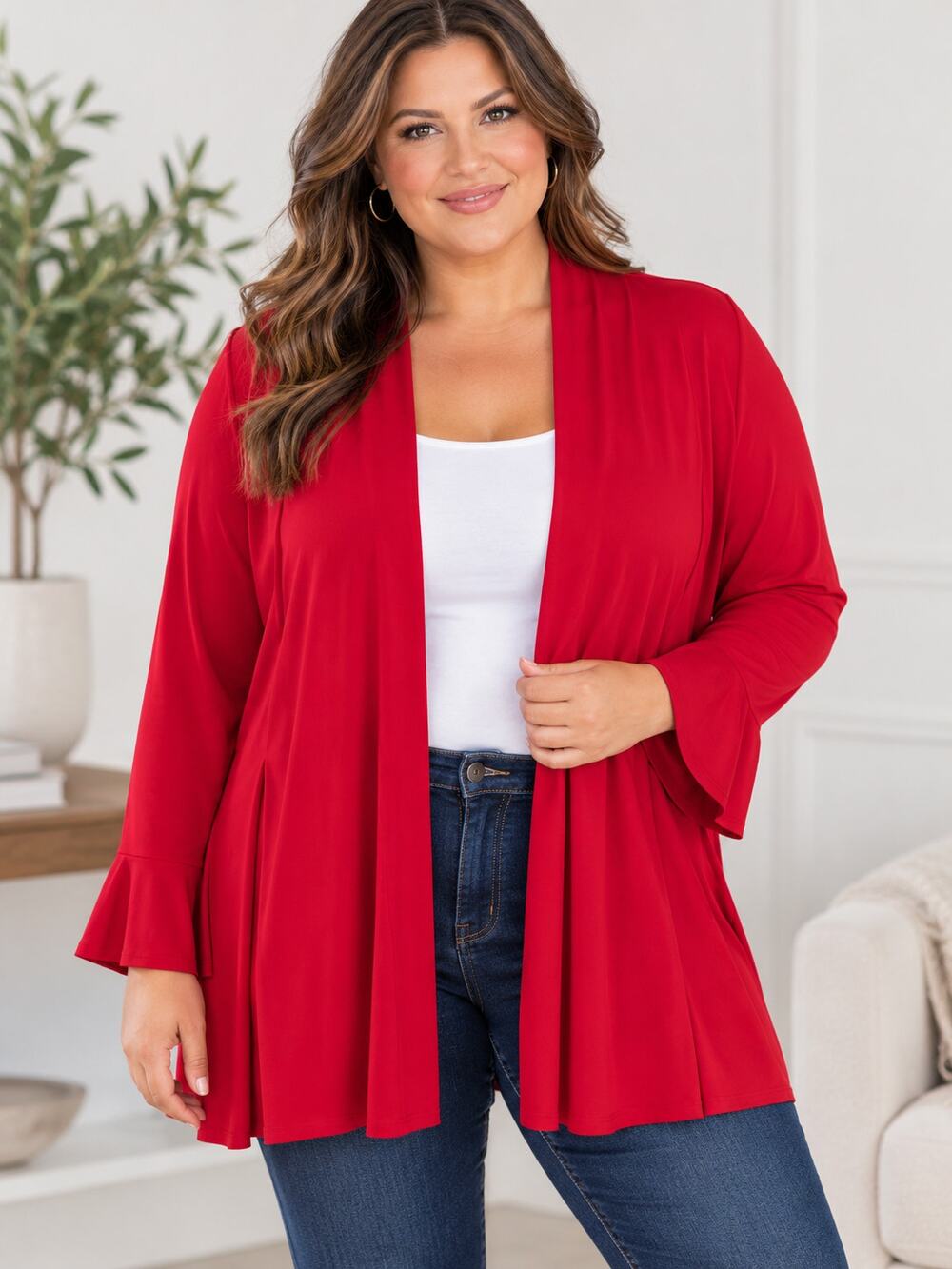 Susan Graver Women’s 3X Red Open Front Cardigan Bell Sleeve Stretch Duster
